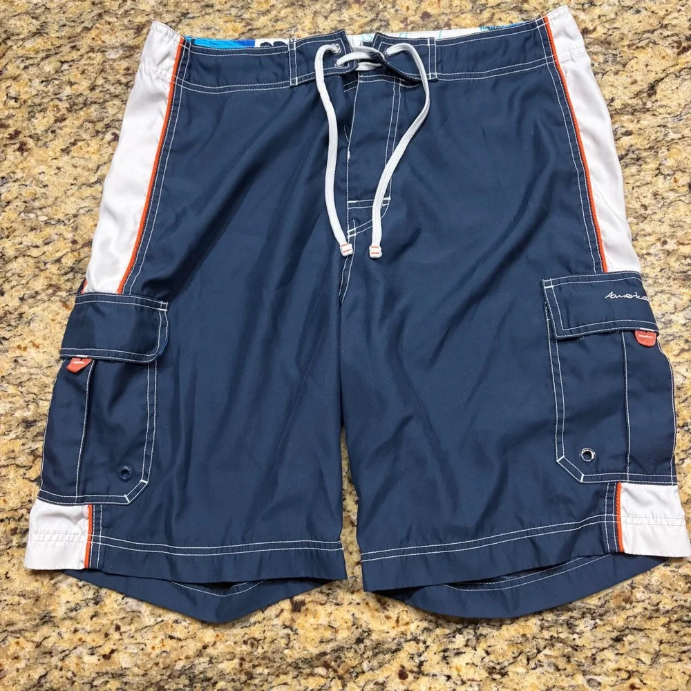 American Eagle Mens Navy Blue White Cargo Board Shorts Swim Trunks Size 34
